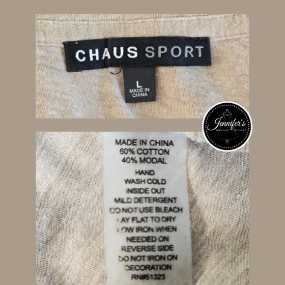 3/$30 Chaus Sport Tan with Gold Embellished Scoop Neck Short Sleeve Top Large - Picture 8 of 10